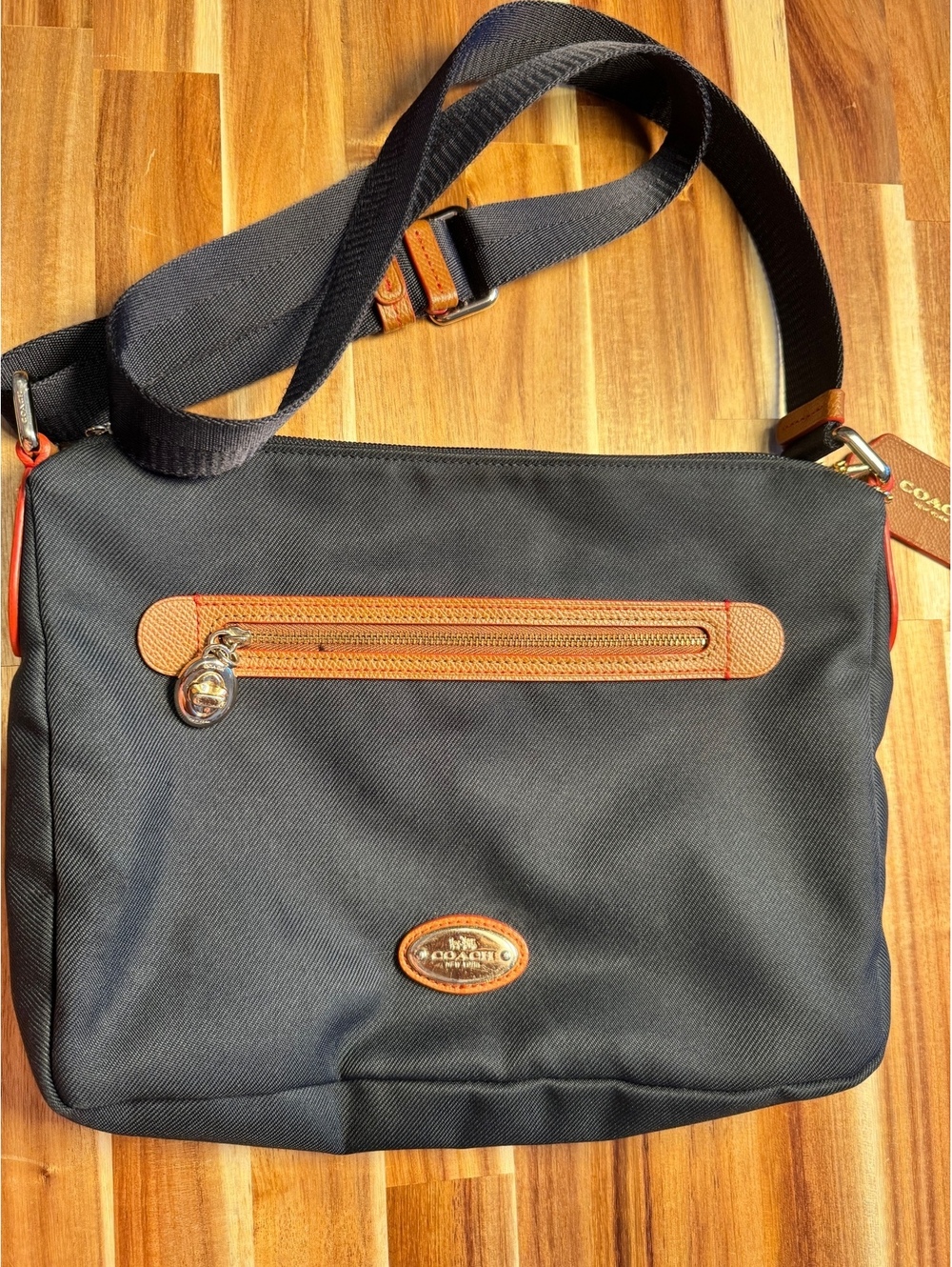 Coach Navy Blue Nylon Crossbody Bag with Brown Leather Trim and Adjustable Strap
